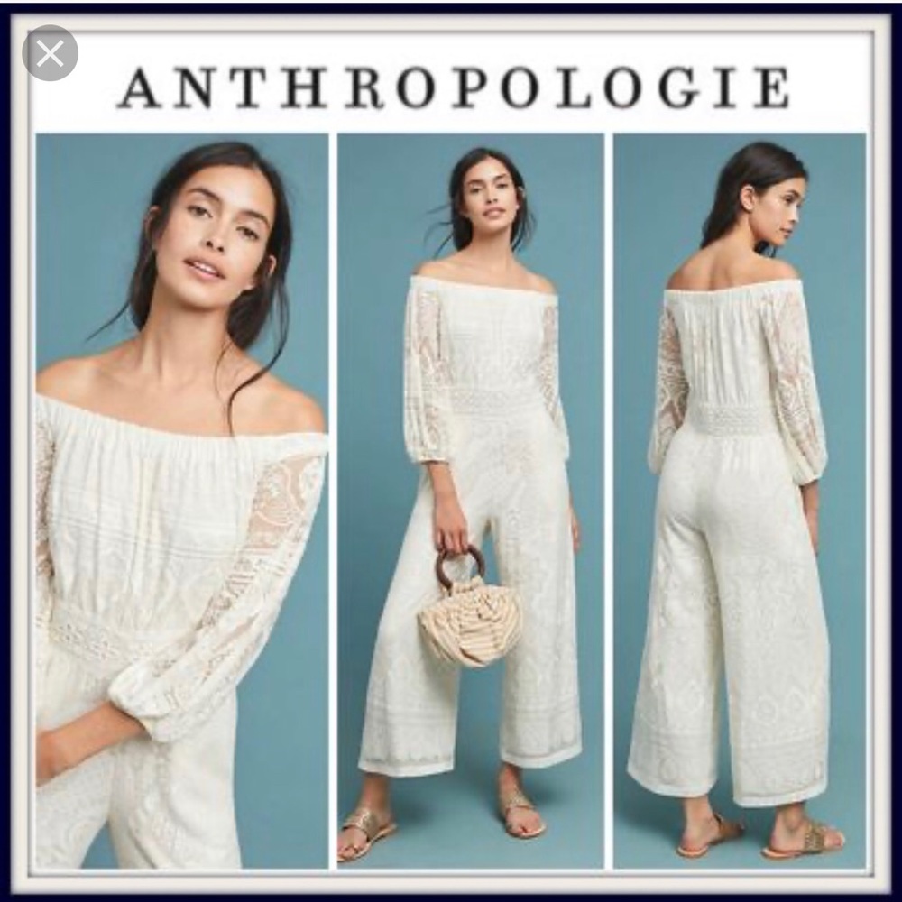 NWOT ANTHROPOLOGIE cremé off shoulder jumpsuit